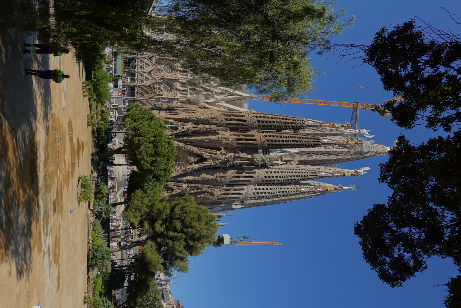 La Sagrada Família's ornate Nativity facade framed by trees in Plaça de Gaudí on a clear summer day