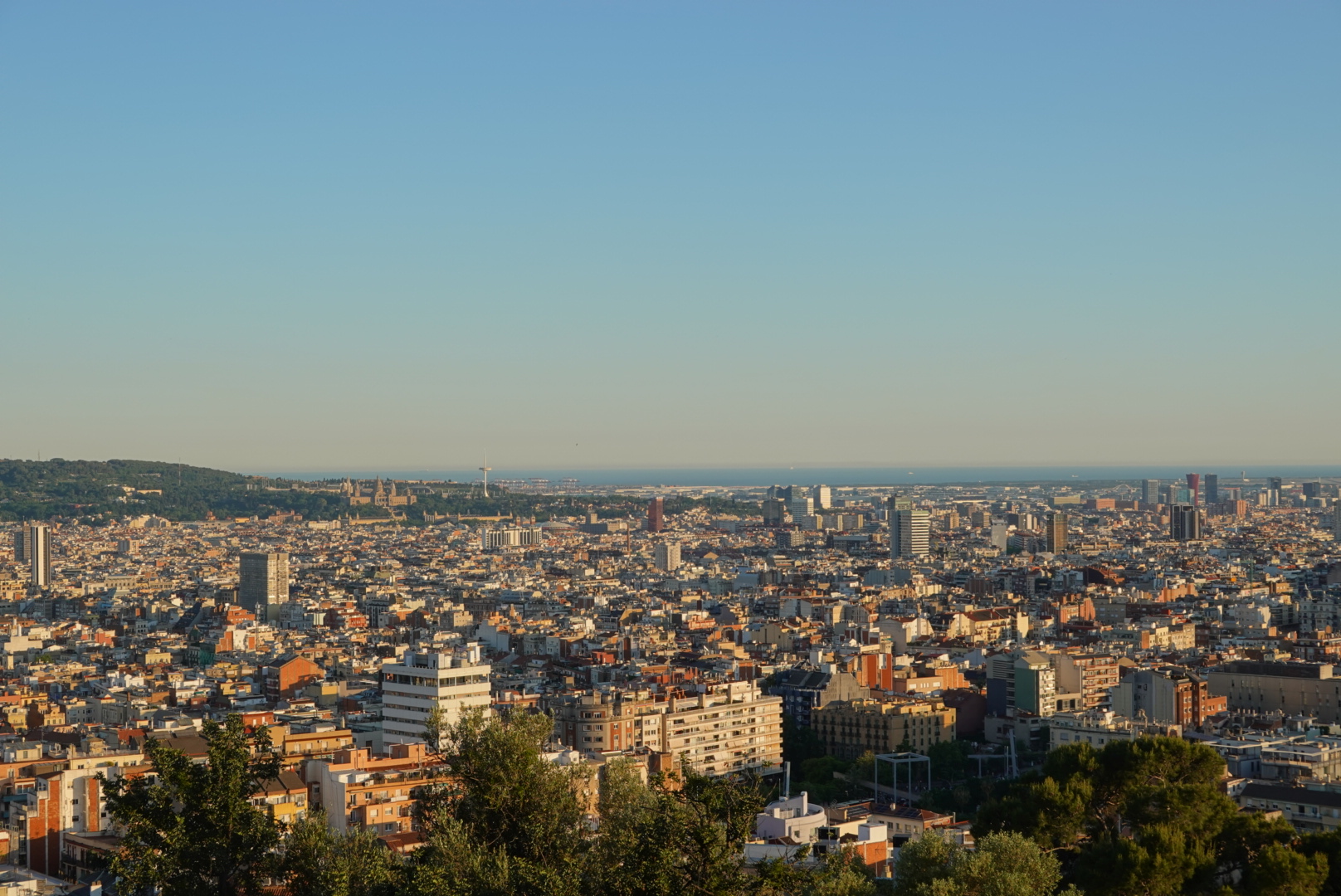 Wide panoramic view of Barcelona's rooftops and skyline stretching to the sea at golden hour